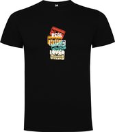 Zwart T-Shirt met Kleurrijke print “ Real Music Lover met cassettebandjes – Echte Muziek liefhebber – Good Vibes “ Print Full Color Maat M