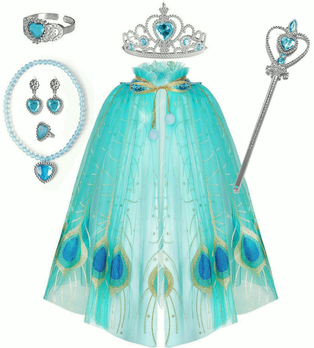 Joya Kids® Verkleedcape Accessoires Blauw Paauw Veren | Prinsessencape | Cape | Unicorn | Verkleedset | Carnvalskleding | Kroon, Staf Sieradenset