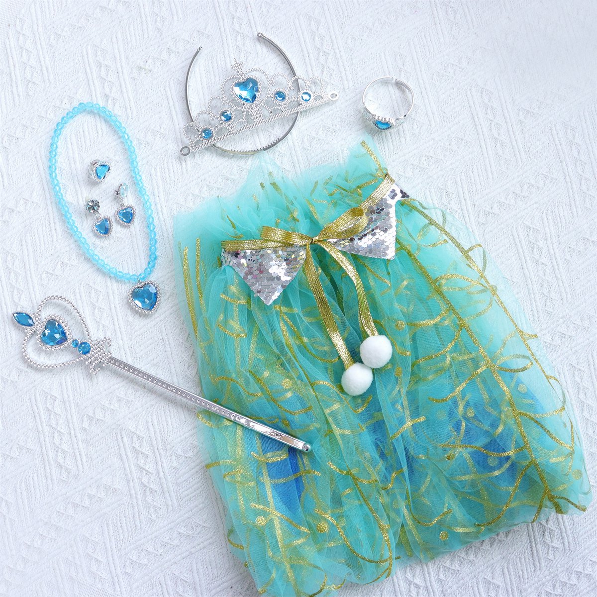 Joya Kids® Verkleedcape met Accessoires Blauw met Paauw Veren | Prinsessencape | Cape Set | Unicorn | Meisje Verkleedset | Carnvalskleding Meisjes | Met Kroon, Staf en Sieradenset — afbeelding 3