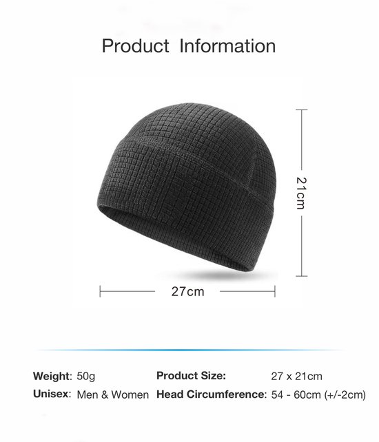 Grijze geribbelde beanie met afmetingen 27x21cm.