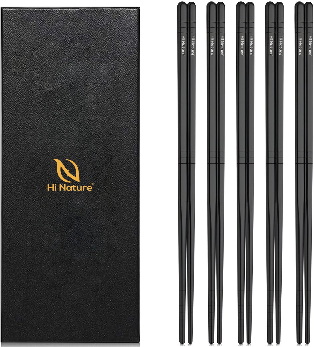 HI NATURE™ Luxe Chopsticks Set - Koreaanse Eetstokjes - Herbruikbaar en Vaatwasserbestendig - 5 Paar - Antislip - Metaal / RVS - Zwart