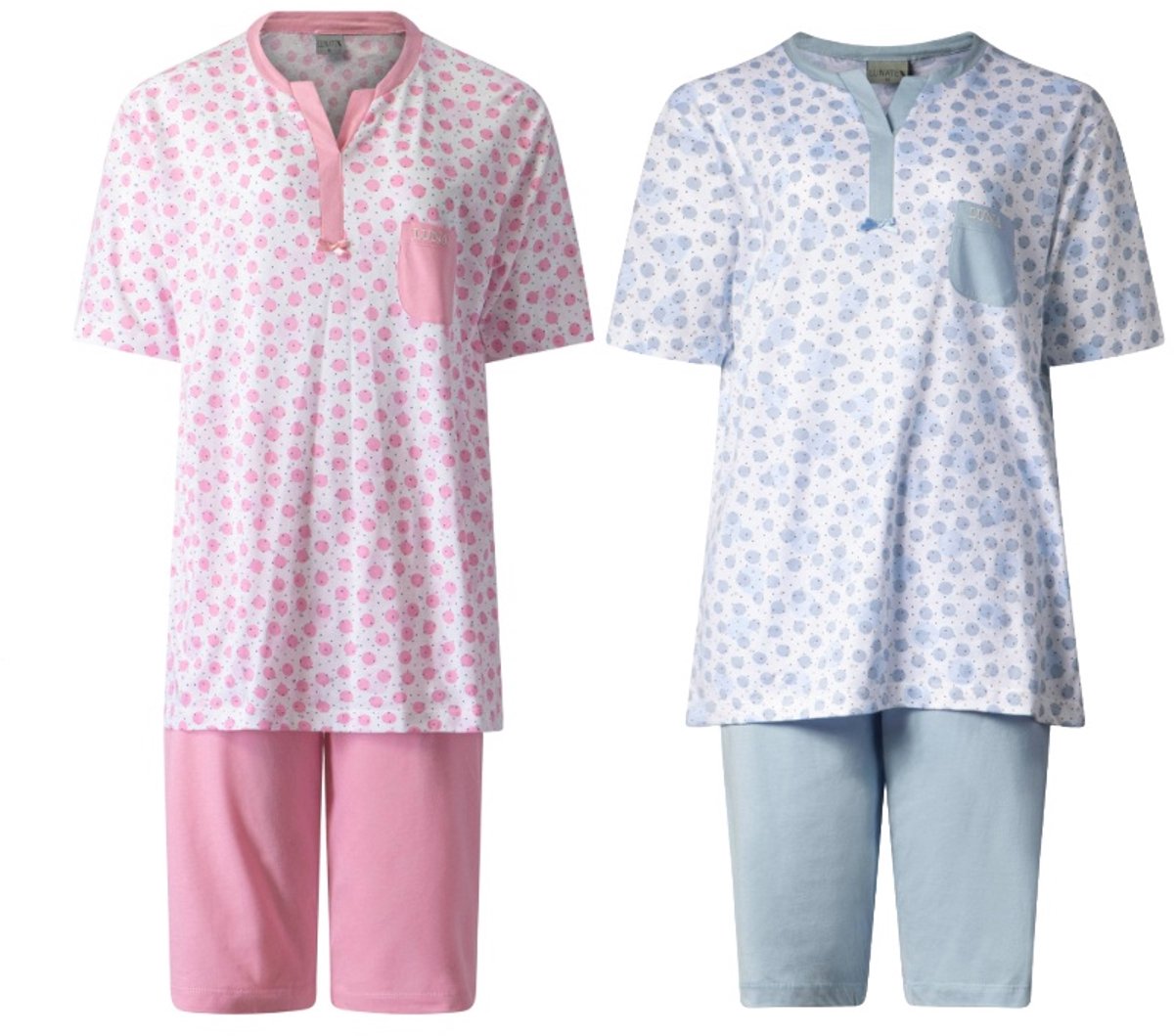 Lunatex 2 dames shortama's 124243 - zomer pyjama's - 100% katoen - roze en blauw