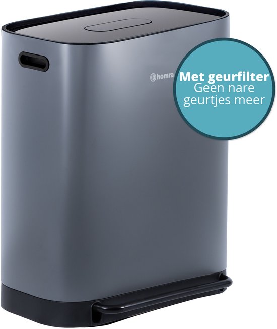Homra Rockx Pedaalemmer 60 Liter - Duo Prullenbak 2X30L met Geurfilter - RVS Afvalscheidingsprullenbak 2 Vakken - Recycle Afvalbak - Vuilnisbak Keuken afval scheiden - Afvalemmer - Dubbele Prullenbak Grijs