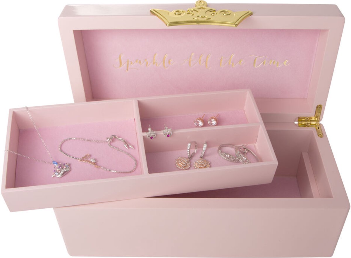 Disney Princess Pink Solid Wood Lacquered Jewellery Box and Gold plated crown clasp