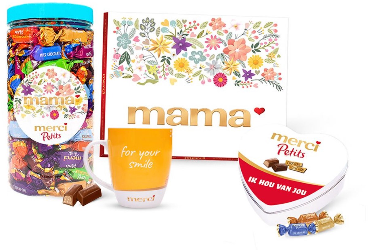 merci Moederdag giftbox pakket met mok "for your smile" - merci Finest Selection chocoladerepen & merci Petits bonbons - Moederdag cadeau - 1015g