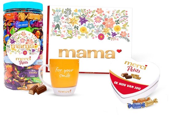 merci Moederdag giftbox pakket met mok "for your smile" - merci Finest Selection chocoladerepen & merci Petits bonbons - Moederdag cadeau - 1015g