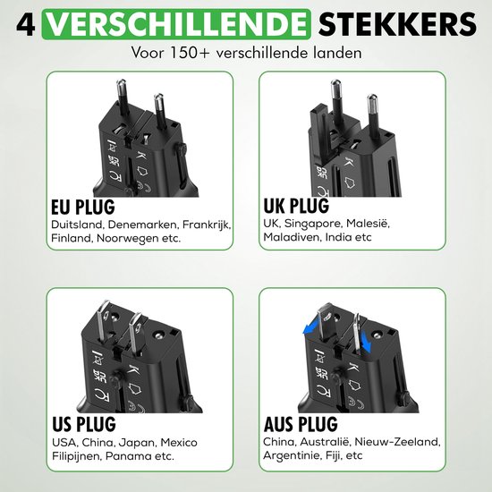 TravelHawk Universele Wereldstekker met USB-C en USB Poort - Reisstekker - Internationale Reisstekker voor 150+ landen - Amerika (USA) - Engeland (UK) - Australië - Azië - Zuid Amerika - Afrika - Wereldstekkers - Zwart