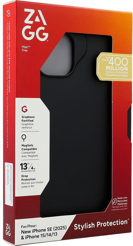 Coque de Luxe ZAGG Snap pour Apple iPhone 16e/15/14/13 - Coque arrière en graphène compatible MagSafe - Protection antichute 3M - Matériau recyclé - Zwart