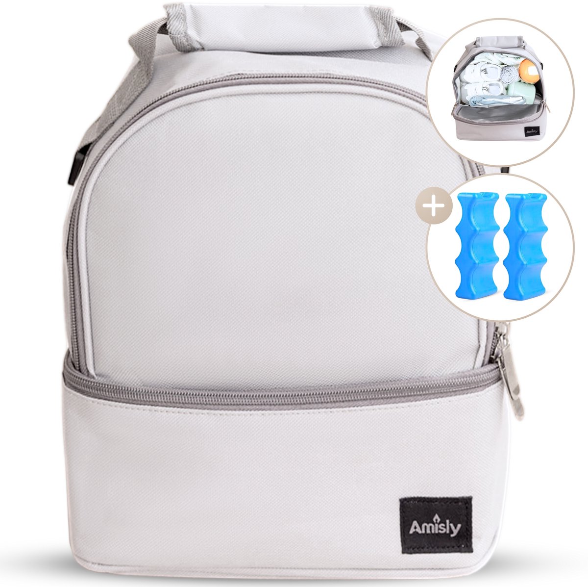 Amisly Luxe Koeltas Grijs - Kolftas Met 2 Koelelementen - Baby Voeding Vervoeren - Moedermelk tot 12 uur Koel - Lunchtas - Voor Onderweg