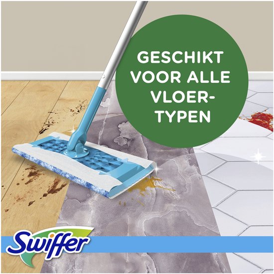 Balai Swiffer à manche bleu, passant sur différents types de sols. Texte : Convient à tous les types de sols.