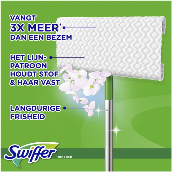 Lingette Swiffer à motif losange. Texte : Capture 3 fois plus qu'un balai. Le motif quadrillé retient la poussière et les poils. Fraîcheur durable.