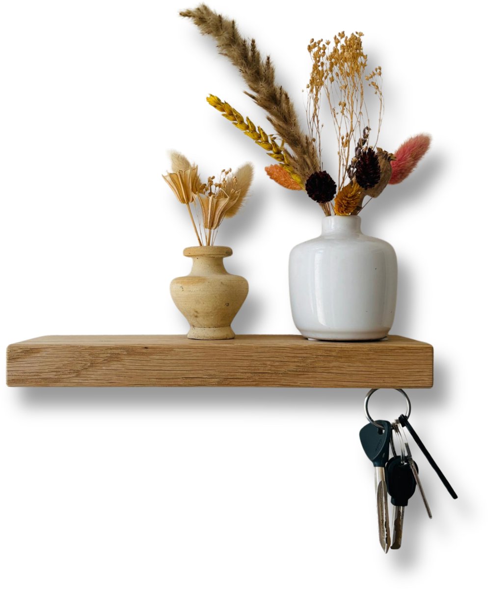 HangKey Plankie X - Wandplank Sleutelrekje van Massief Eiken - Sleutelkastje voor Binnen - Houten Sleutelhouder en Organizer - 24,5 x 7 x 2,4 cm