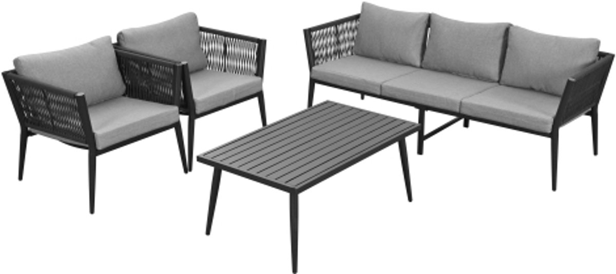 Gotagee Tuin lounge stoel set, tuinmeubelset met kussens, 3-zits bank, 2 fauteuils en salontafel, buiten, gegalvaniseerd staal, gevlochten touw armleuningen, met antislip pads, grijs