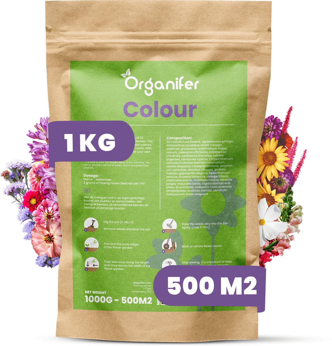 Plukbloemen Mengsel - 32 soorten (1kg, 500m2) - Snijbloemen - Snijbloemen Zaad - Bloemenweide - Inheemse Zaden - Bloemen - Bloemzaden - Bloemzaadjes - Plukbloemen Zaad - Colour - Organifer
