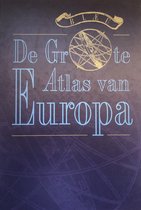 Titelpagina 'De Grote Atlas van Europa' met gouden armillarium en tekst 'Bleu'.