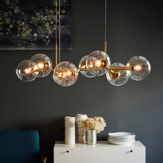 Suspension LED NETTLIFE E27 - Doré - 8 lumières - avec boule en verre - Lampe de salle à manger Vintage salon | chambre à coucher | cuisines