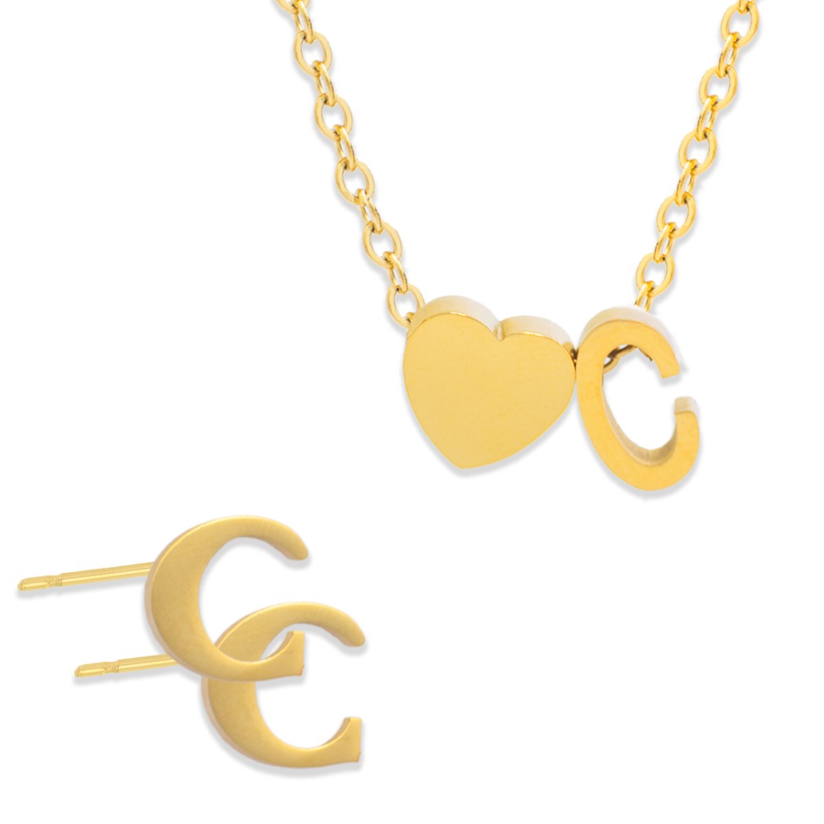 Initiaal Ketting & Oorbellen set met Letter C Goudkleurig - Stainless Steel - Met letter & Hartje! - 2x Sieraden Cadeau - Pax Amare