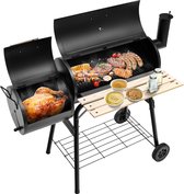 Bol.com COSTWAY Houtskoolgrill met deksel grillwagen met wielen zijvuurbox zijtafel plank houten handgrepen thermometer houtskoo... aanbieding
