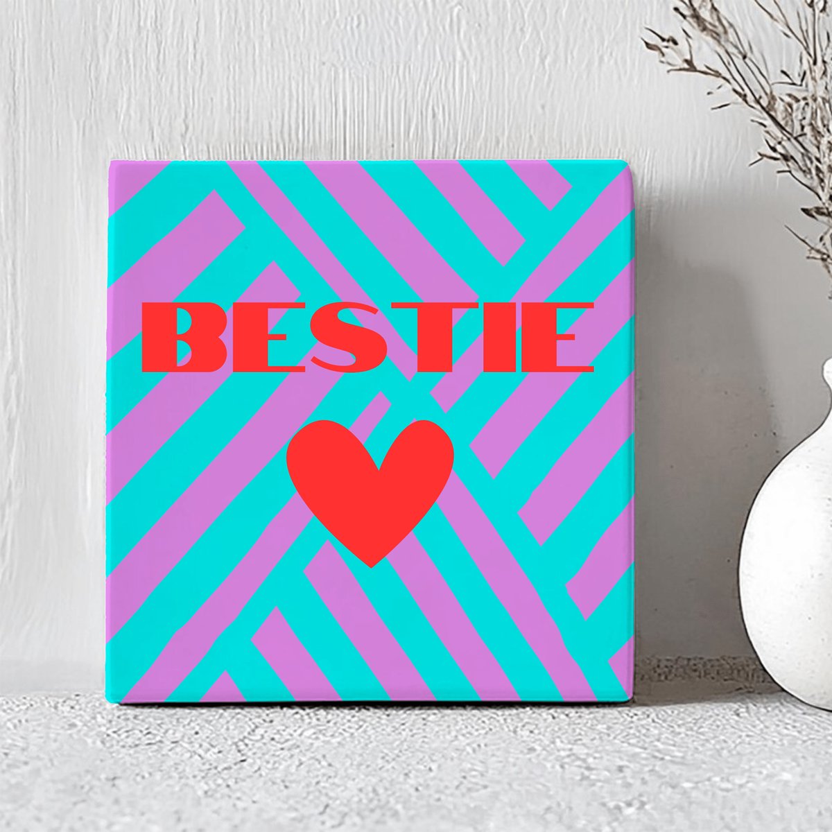 Printazzy - Tegeltjes met Tekst - Bestie - Decoratie Woonkamer - Onderzetters - Wanddecoratie Woonkamer - Decoratieve Accessoires - Blauw en Paars
