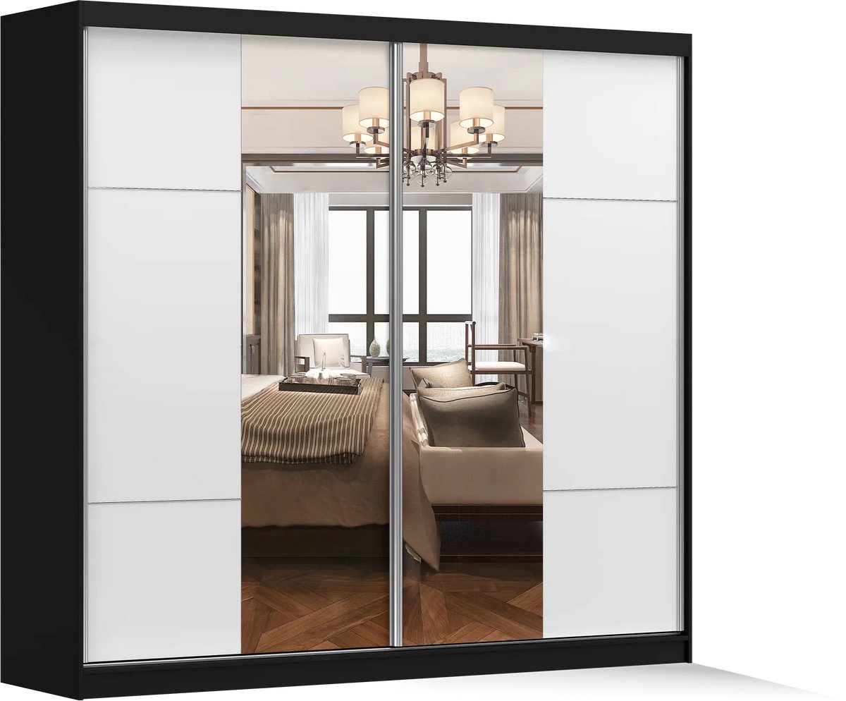 Schuifdeurkast BEN 38 – 2-deurs kledingkast met spiegel, legplanken en kledingroede – modern design – 233x218x61 cm - BEN 38 (Zwart + Wit)