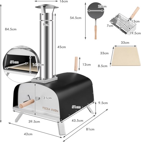 COSTWAY Pizza oven outdoor, draagbare pizza houtkachel incl. pizza schuiver en pizzasteen, hout pizza oven voor tuin camping van Merkloos — afbeelding 2