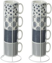 Tasses à Café Secret de Gourmet Japon - 8 pièces sur support métallique - Céramique - finition brillante - 240 ml - 7 x 8 cm