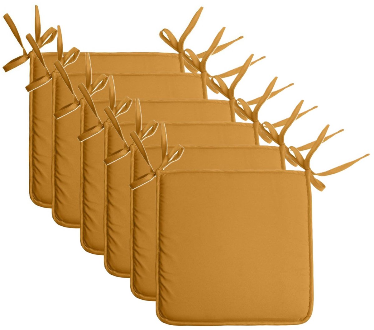 Stof Textile Home stoelkussens - 6x - okergeel - 38 x 38 x 3 cm - voor binnen - touwtjes sluiting - zitkussens plat - vierkant