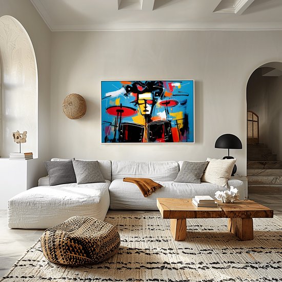 JJ-Art (Glas) 120x80 | Batterie, batteur, abstrait, style Herman Brood, coloré, art | musique, instrument de musique, rouge, jaune, bleu, moderne | Foto-schilderij-glasschilderij-acrylglas-acrylaat-wanddecoratie