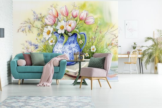 Behang - Fotobehang Vaas - Delftsblauw - Madeliefjes - Breedte 400 cm x hoogte 300 cm