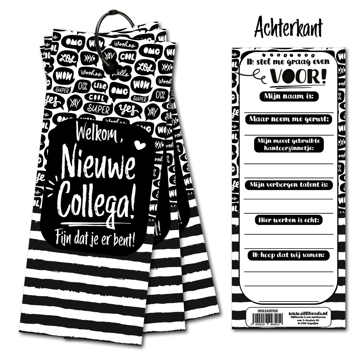 Invulkaart Welkom Nieuwe Collega - Invulkaarten set van 15 stuks - met sluitring - invulkaartjes om af te geven - Collega verwelkomen - Zwart Wit
