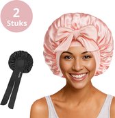 Averla Blush & Noir - Luxe Silk Bonnet - Met Strik - Set Van 2 - Ademend - Anti-Pluis & Klit - Satijnen Slaapmuts - Roze & Zwart