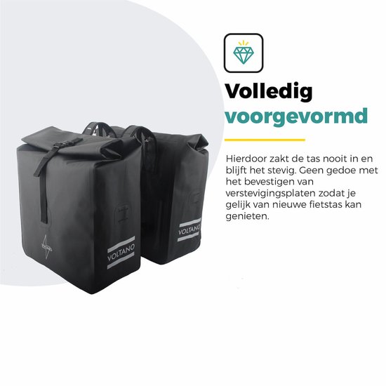 Voltano Dubbele Rolltop Fietstas Volledig Voorgevormd - 50 Liter - Zwart - 100% Waterdicht - Fietstassen Electrische Fietsen