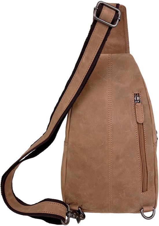 Lichtbruine leren crossbody tas met donkerbruine band en ritsvak.
