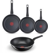 Ensemble de poêles Tefal Easy Cook & Clean - Poêles à frire 20/24/28 cm + Wok 28 cm - Non compatible induction - Revêtement antiadhésif - Aluminium - Zwart