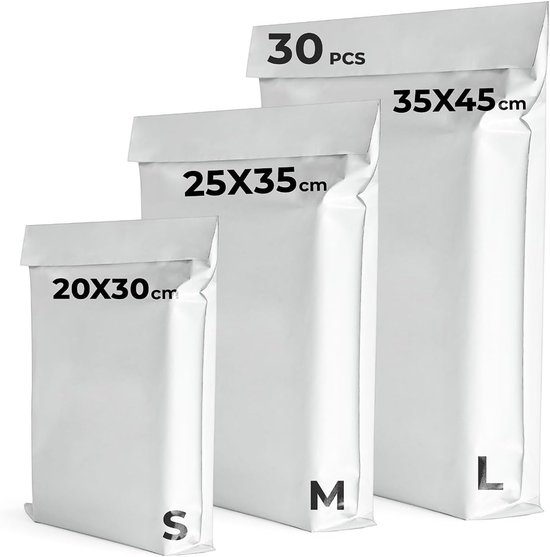 Verzendzakken 30 stuks - Zelfklevend en duurzaam - 3 verschillende maten 20x30cm, 25x35cm, 35x45cm - Ideaal voor pakketten - Kleding schoenen boeken Vinted verzendverpakking,