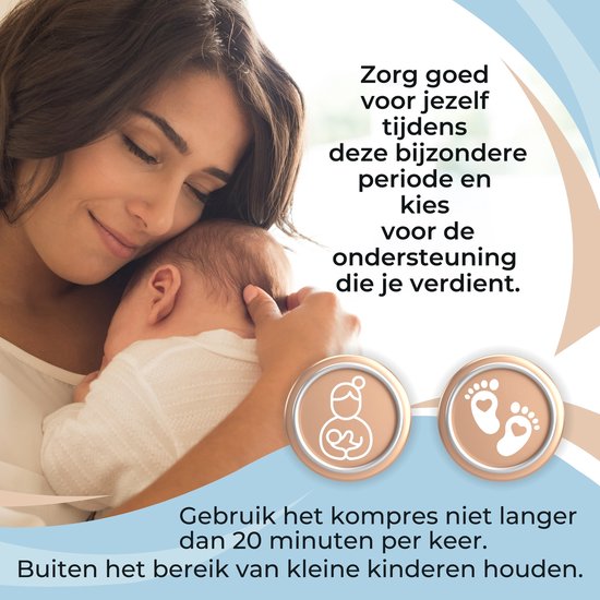 Moeder met baby, met tekst over zelfzorg en ondersteuning, en icoontjes van een gezin en voetjes.