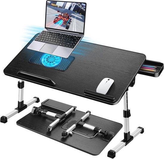 A3A ACADGQ Laptoptafel Inklapbaar, Laptop Bureau met 4 USB-Oplaadpoorten/ Lade/Tablet Houder/Bekerhouder, Voor Bed, Bank, Vloer (60 x 40 cm, Log Kleur