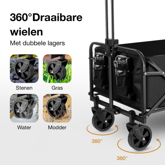 Strents® Opvouwbare Bolderkar Tot 120kg Draagvermogen - Zwart 83x47x60cm - Inhoud 120L Bolderwagen met Duwstang - Bolder Wagen Strandkar - Opvouwbare Draag Kar van Strents — afbeelding 5