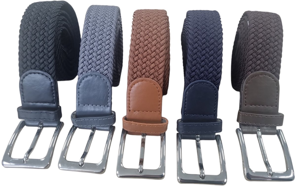 105 cm - Elastische broekriem Stretch riem Vlecht riem Gevlochten riem Elastiek riem - unisex - Kleur 1-Blauw 2-Cognac 3-Zwart 4-Bruin 5-Grijs 5 pack deal van JVS bags