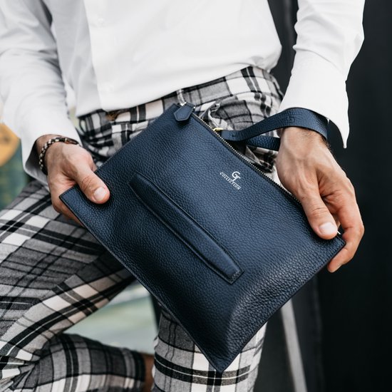 GT Collection - Sac à main en cuir pour homme - Bleu avec détails dorés - Article fait main au design unique - Fabriqué en cuir de veau véritable de haute qualité - Dimensions : 28 x 18 cm