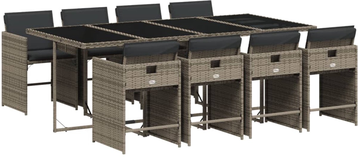 The Living Store 9-delige Tuinset met kussens poly rattan grijs - Tuinmeubel - Tuinset - Lounge Set - Buitendiner - Ratten Meubel