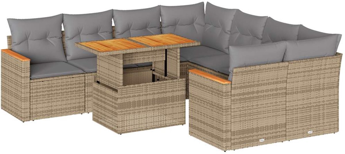 The Living Store 9-delige Loungeset met kussens poly rattan acacia beige - Loungebank - Lounge Set - Buitendecoratie - Tuinmeubelen - Tuinbank