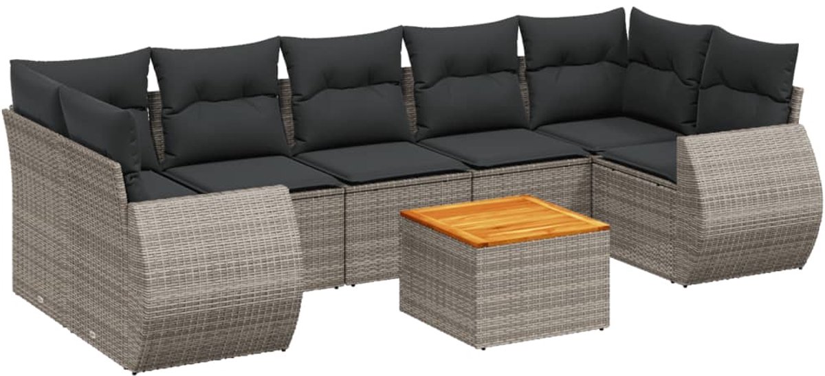 The Living Store 8-delige Loungeset met kussens poly rattan grijs - Loungebank - Lounge Set - Buitendecoratie - Tuinmeubels - Tuinlounge