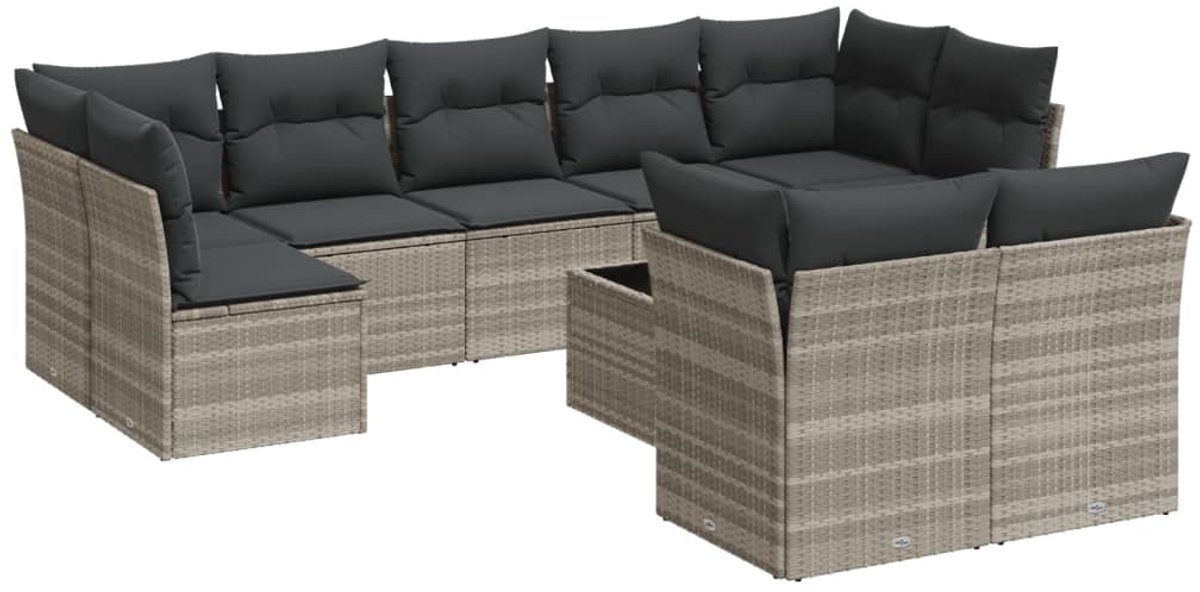 The Living Store 10-delige Loungeset met kussens poly rattan lichtgrijs - Loungeset - Tuinmeubels - Lounge Set - Buitendrank - Outdoor Living