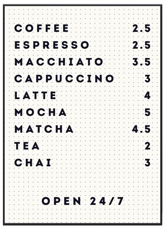 No Filter - Keuken posters - 30x40 cm / A3 formaat - Coffee menu Poster / Koffie menu - Koffie art - Keuken decoratie - Cadeau koffieliefhebber