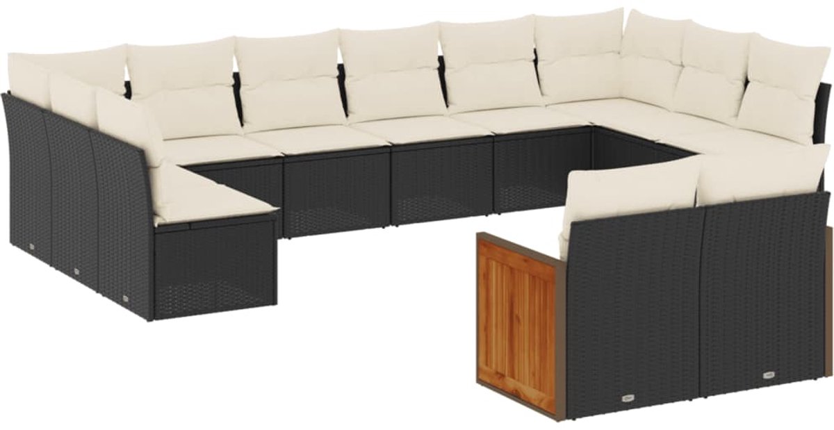 The Living Store 12-delige Loungeset met kussens poly rattan zwart - Loungeset - Tuinset - PE-rattan - Buitendecoratie - Tuinbank