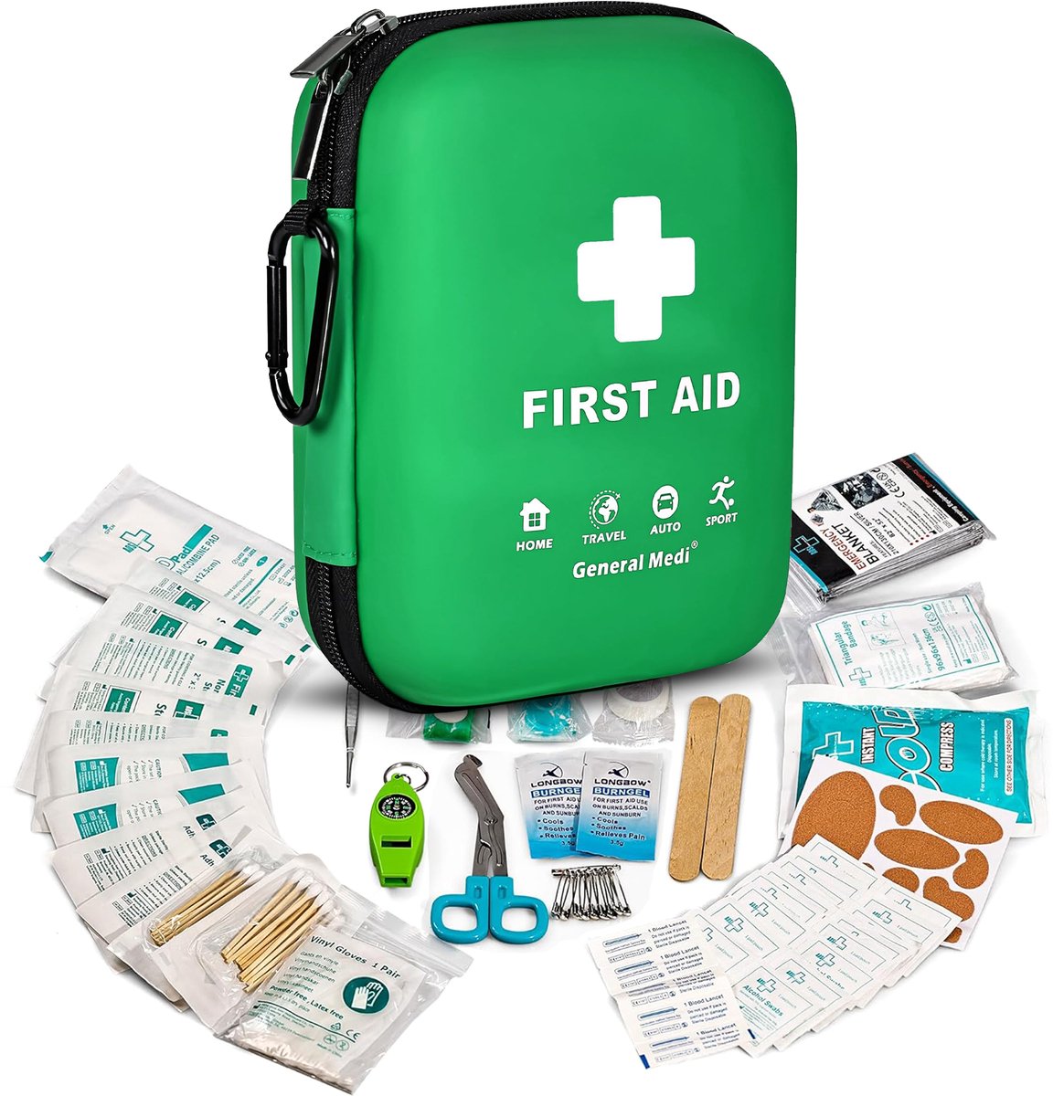 General Medi Verbanddoos Thuis 170-delig Groen - EHBO Kit met Nooddeken - Waterdichte Tas voor Huis en Auto