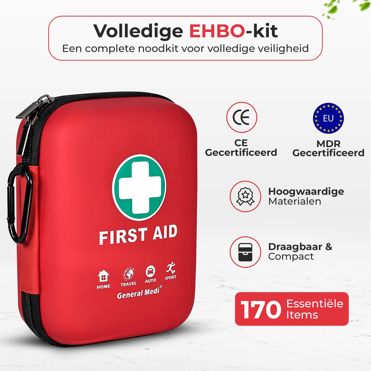 General Medi Verbanddoos Thuis 170-delig Rood - EHBO Kit met Nooddeken - Waterdichte Tas voor Huis en Auto – foto 3