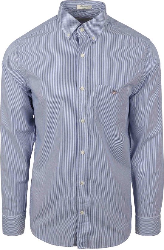 Blauw-wit gestreept langarmig overhemd met borstzak en witte knopen.