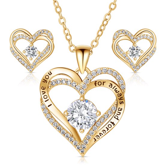 Parure de bijoux Swarovski plaquée or avec collier et Boucles d'oreilles Hartjes I Love You, réglable de 40 à 45 cm, avec boîte papillon noire de Luxe et 16 roses artificielles